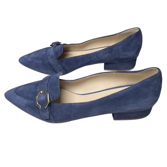 Cole Haan Blue Suede Loafers 9.5B Gold Buckle Quiet Luxury Chic‎ - Picture 10 of 12